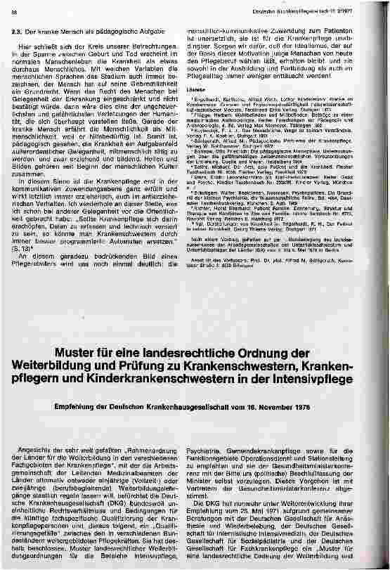 Vorschauseite 1: Muster für eine landesrechtliche Ordnung der Weiterbildung und Prüfung zu Krankenschwestern, Krankenpflegern in der Intensivpflege