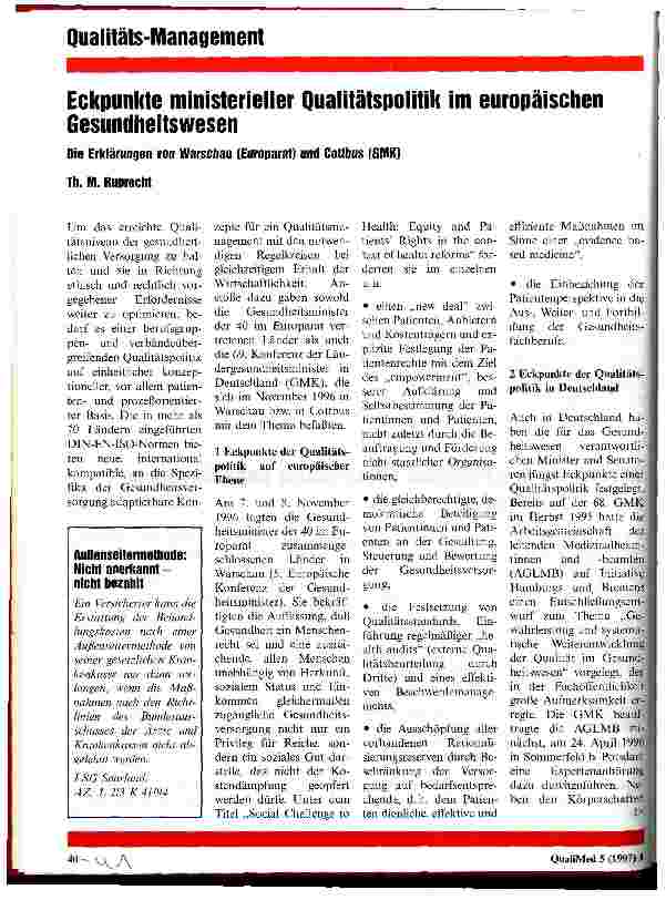 Vorschauseite 1: Eckpunkte ministerieller Qualitätspolitik im europäischen Gesundheitswesen Die Erklärungen von Warschau (Europarat) und Cottbus (GMK)
