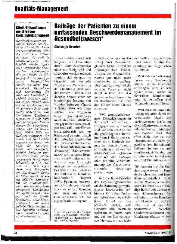 Vorschauseite 1: Beiträge der Patienten zu einem umfassenden Beschwerdemanagement im Gesundheitswesen