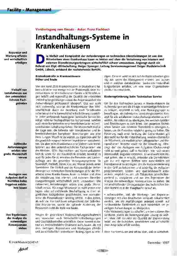 Vorschauseite 1: Instandhaltungs-Systeme in Krankenhäusern Vorüberlegung zum Einsatz
