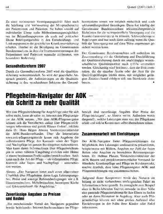 Vorschauseite 1: Pflegeheim-Navigator der AOK ein Schritt zu mehr Qualität