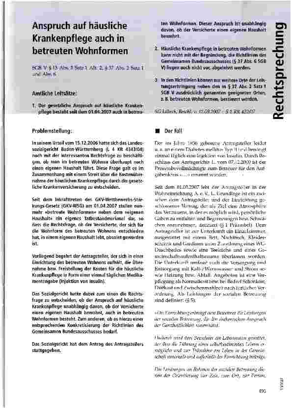 Vorschauseite 1: Anspruch auf häusliche Krankenpflege auch in betreuten Wohnformen