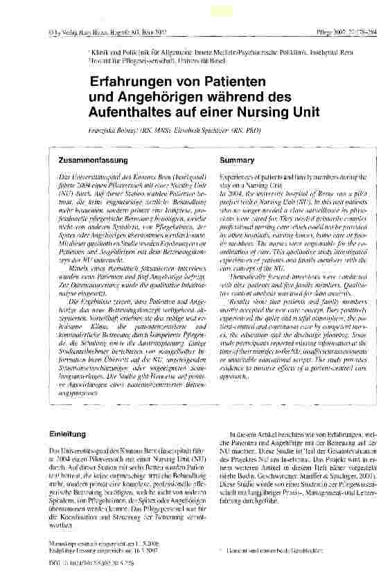 Vorschauseite 1: Erfahrungen von Patienten und Angehörigen während des Aufenthaltes auf einer Nursing Unit