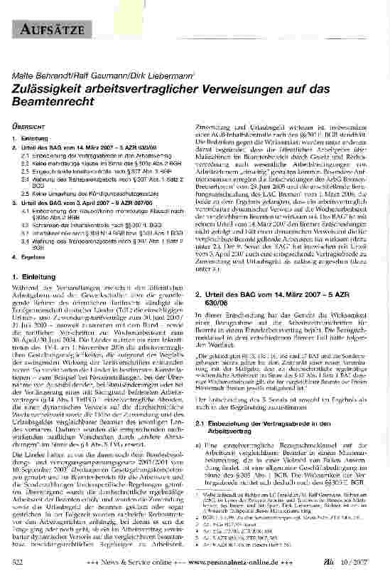 Vorschauseite 1: Zulässigkeit arbeitsvertraglicher Verweisungen auf das Beamtenrecht