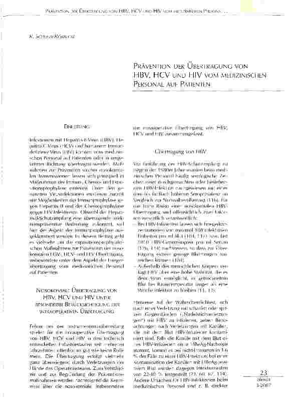 Vorschauseite 2: Prävention der Übertragung von HBV, HCV und HIV vom medizinischen Personal auf Patienten