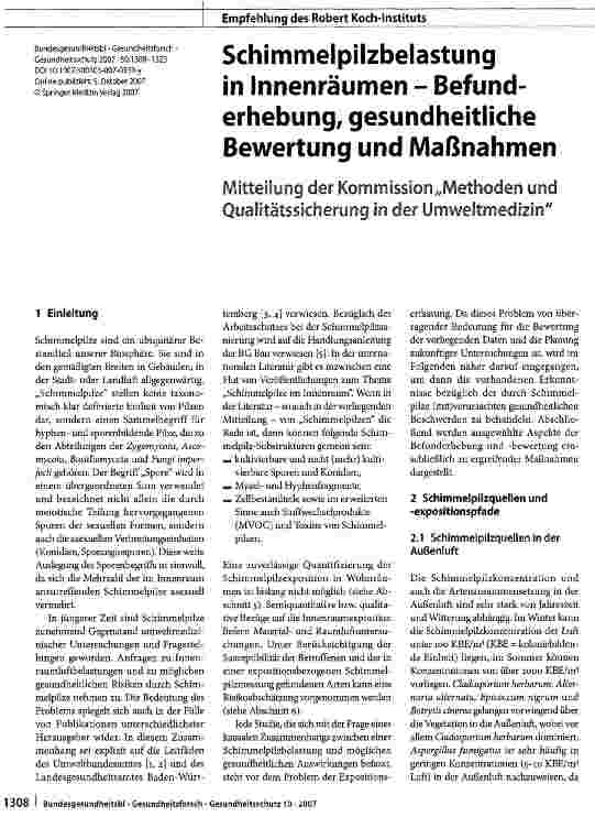 Vorschauseite 1: Schimmelpilzbelastung in Innenräumen - Befunderhebung, gesundheitliche Bewertung und Maßnahmen