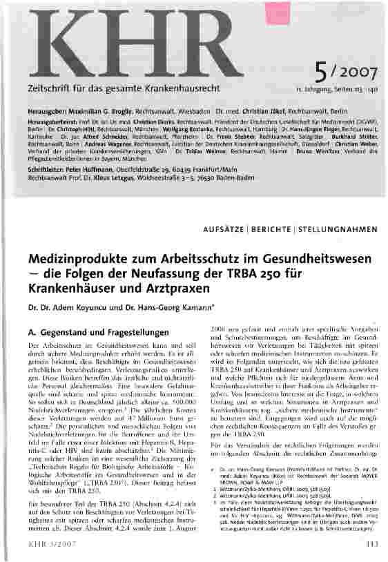 Vorschauseite 1: Medizinprodukte zum Arbeitsschutz im Gesundheitswesen - die Folgen der Neufassung der TRBA 250 für Krankenhäuser und Arztpraxen