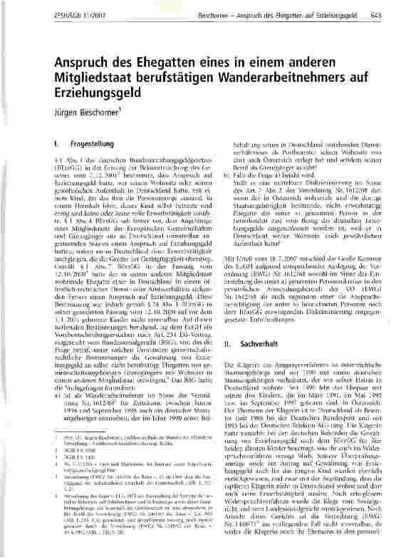 Vorschauseite 1: Anspruch des Ehegatten eines in einem anderen Mitgliedstaat berufstätigen Wanderarbeitnehmers auf Erziehungsgeld