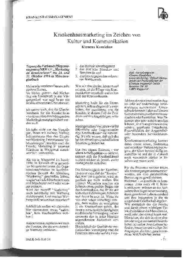 Vorschauseite 1: Krankenhausmarketing im Zeichen von Kultur und Kommunikation