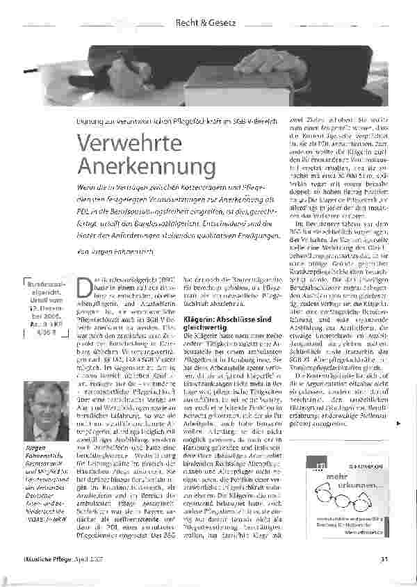 Vorschauseite 1: Eignung zur verantwortlichen Pflegefachkraft im SGB V-Bereich - Verwehrte Anerkennung