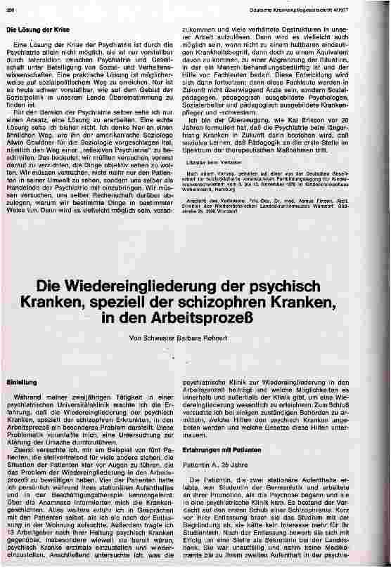Vorschauseite 1: Die Wiedereingliederung der psychisch Kranken, speziell der schizophrenen Kranken, in den Arbeitsprozeß