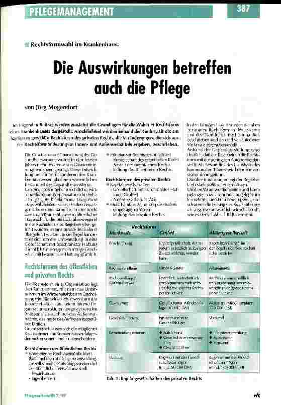 Vorschauseite 1: Die Auswirkungen betreffen auch die Pflege Rechtsformwahl im Krankenhaus