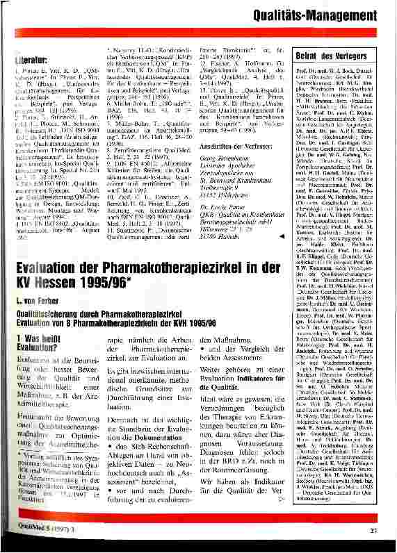 Vorschauseite 1: Evaluation der Pharmakotherapiezirkel in der KV Hessen 1995/96 Qualitätssicherung durch Pharmakotherapiezirkel - Evaluation von 8 Pharmakotherapiezirkeln der KVH 1995/96