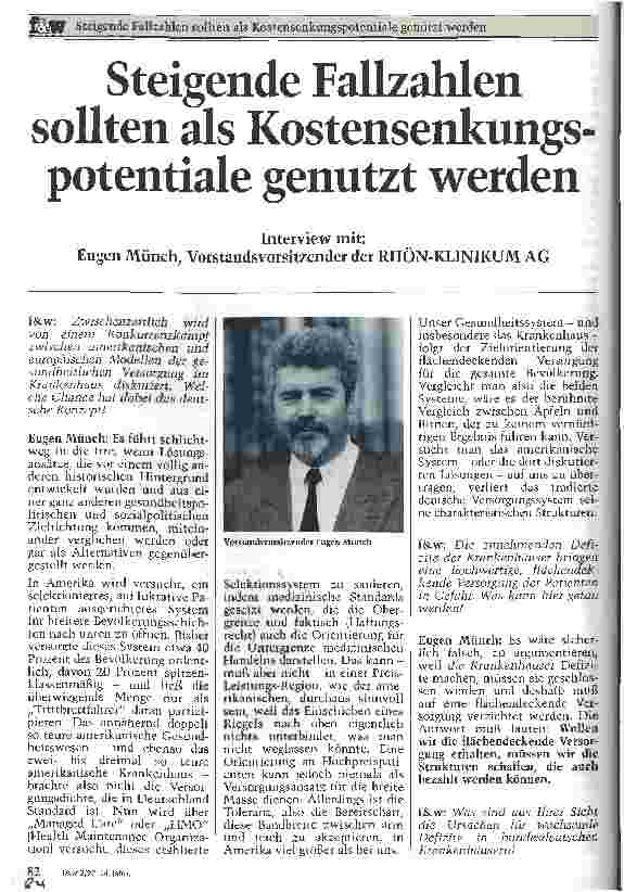 Vorschauseite 1: Steigende Fallzahlen sollten als Kostensenkungspotentiale genutzt werden Interview mit: Eugen Münch, Vorstandsvorsitzender der Rhön-Klinikum AG