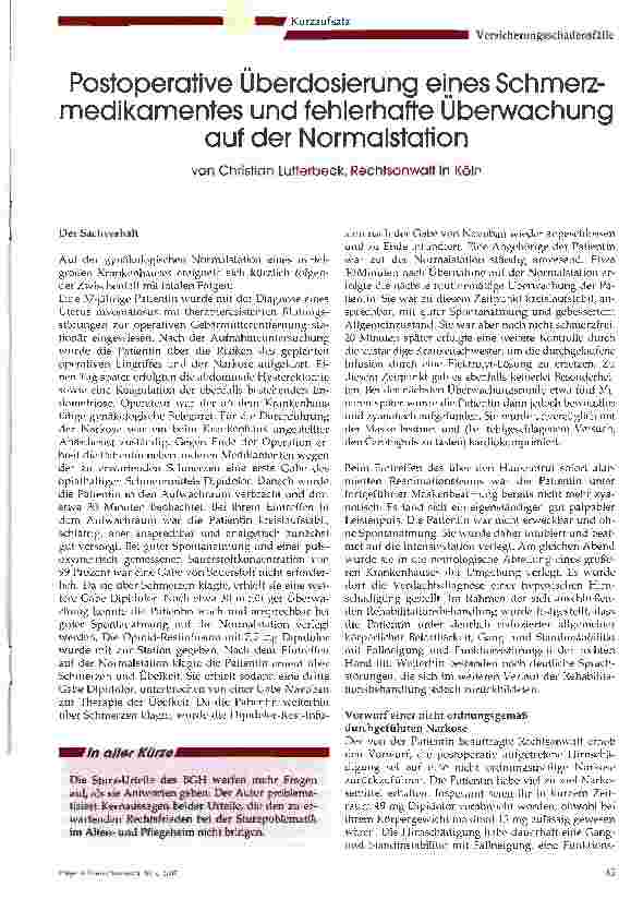 Vorschauseite 1: Postoperative Überdosierung eines Schmerzmedikamentes und fehlerhafte Überwachung auf der Normalstation