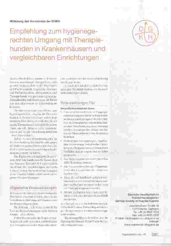 Vorschauseite 1: Empfehlung zum hygienegerechten Umgang mit Therapiehunden in Krankenhäusern und vergleichbaren Einrichtungen