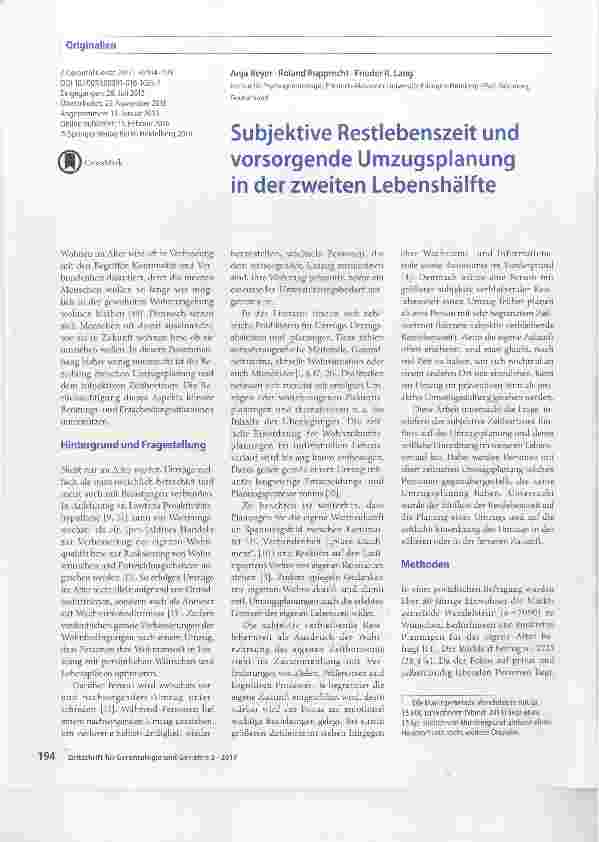 Vorschauseite 1: Subjektive Restlebenszeit und vorsorgende Umzugsplanung in der zweiten Lebenshälfte