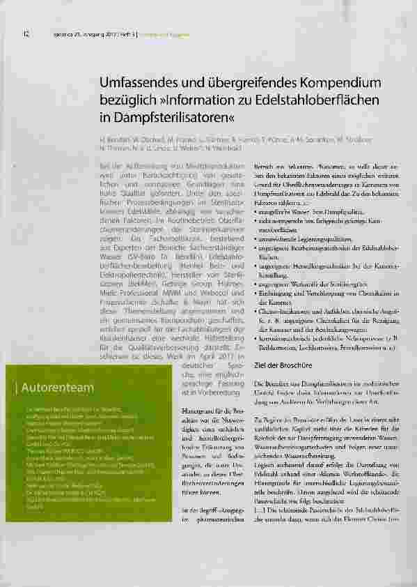 Vorschauseite 1: Umfassendes und übergreifendes Kompendium bezüglich »Information zu Edelstahloberflächen in Dampfsterilisatoren«