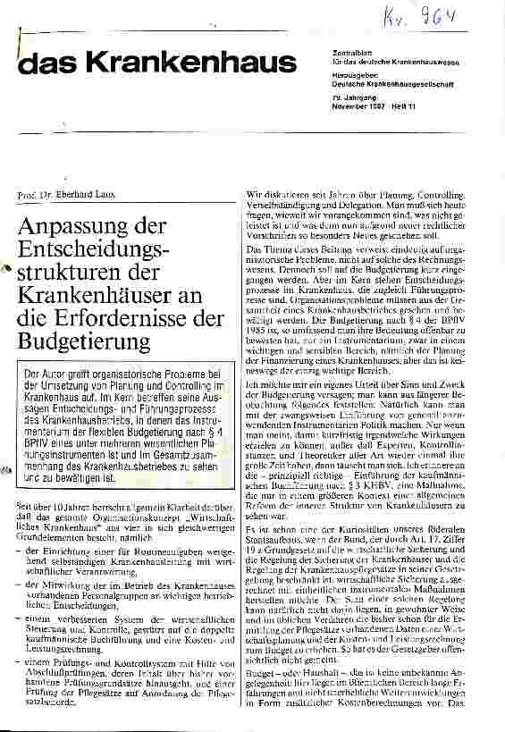 Vorschauseite 1: Anpassung der Entscheidungsstrukturen der Krankenhäuser an die Erfordernisse der Budgetierung