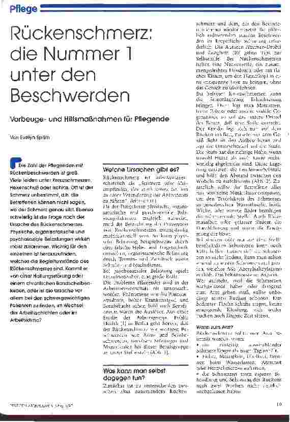 Vorschauseite 1: Rückenschmerz: die Nummer 1 unter den Beschwerden Vorbeugeund Hilfsmaßnahmen für Pflegende