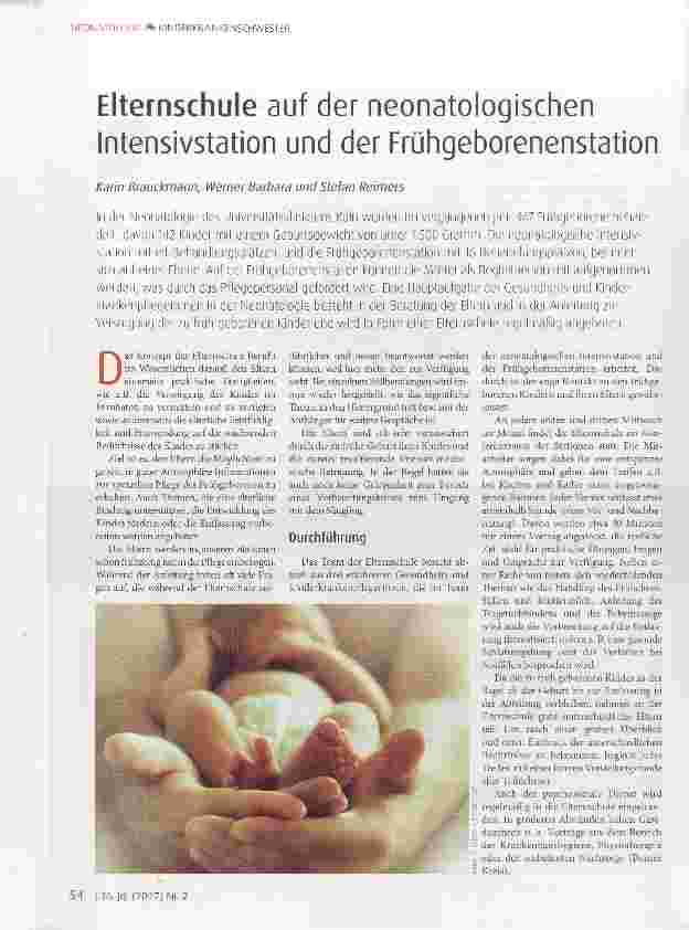 Vorschauseite 1: Elternschule auf der neonatologischen Intensivstation und der Frühgeborenenstation