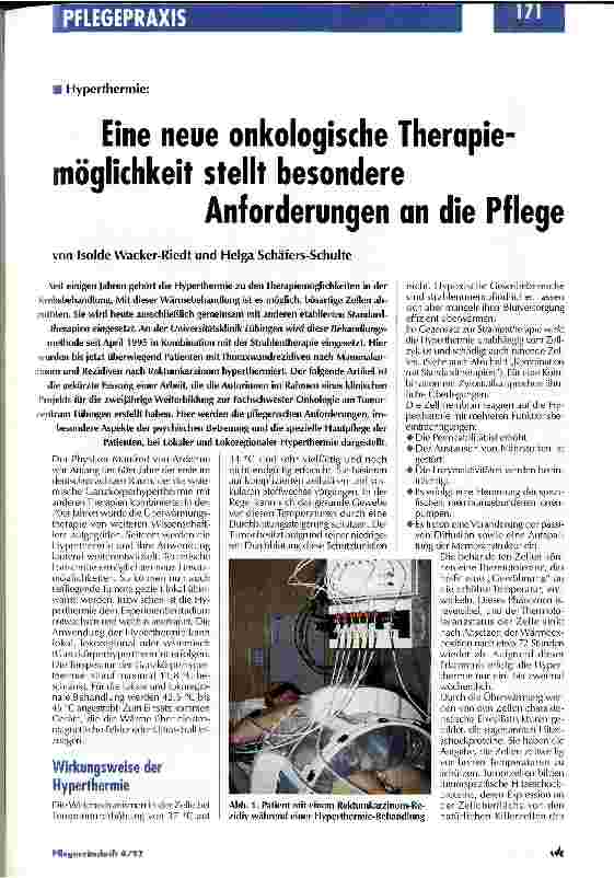 Vorschauseite 1: Hyperthermie: Eine neue onkologische Therapiemöglichkeit stellt besondere Anforderungen an die Pflege