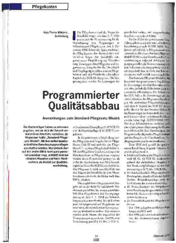 Vorschauseite 1: Programmierter Qualitätsabbau Anmerkungen zum Standard-Pflegesatz-Modell