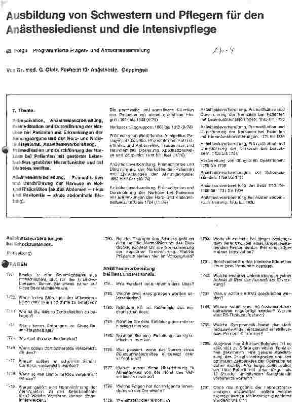 Vorschauseite 1: Ausbildung von Schwestern und Pfleger für den Anästhesiedienst und die Intensivpflege //52. Folge:Programmierte Fragen u. Antwortsammlung