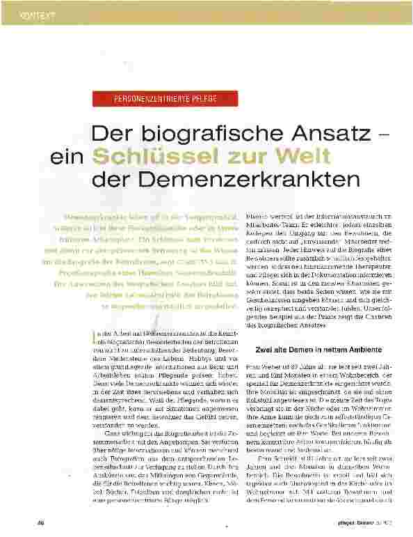 Vorschauseite 1: Der biografische Ansatz -ein Schlüssel zur Welt der Demenzerkrankten
