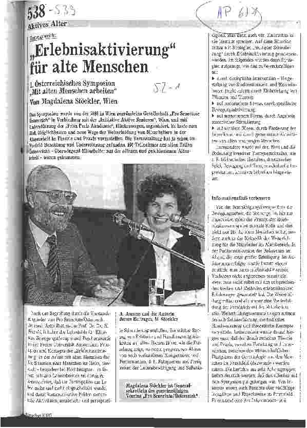 Vorschauseite 1: Erlebnisaktivierung für alte Menschen / 1.Österreichisches Symposium Mit alten Menschen arbeiten