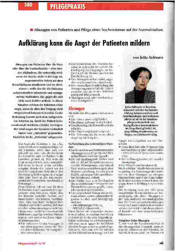 Vorschauseite 1: Aufklärung kann die Angst der Patienten mildern Absaugen von Patienten und Pflege eines Tracheostomas auf der Normalstation