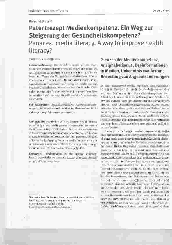 Vorschauseite 1: Patentrezept Medienkompetenz. Ein Weg zur Steigerung der Gesundheitskompetenz?Panacea: media literacy. A way to improve health literacy?