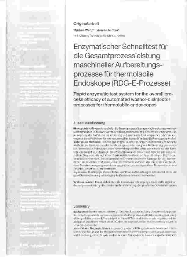 Vorschauseite 1: Enzymatischer Schnelltest für die Gesamtprozessleistung maschineller Aufbereitungsprozesse für thermolabile Endoskope (RDG-E-Prozesse)