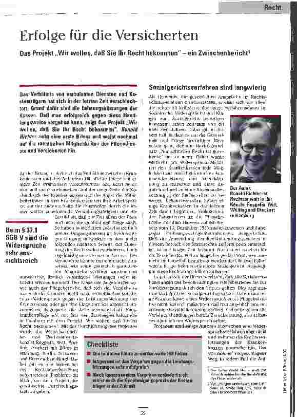 Vorschauseite 1: Erfolge für die Versicherten Das Projekt Wir wollen, daß Sie Ihr Recht bekommen - ein Zwischenbericht