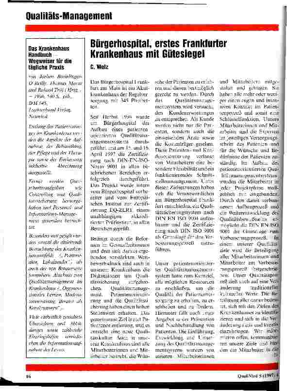 Vorschauseite 1: Bürgerhospital, erstes Frankfurter Krankenhaus mit Gütesiegel