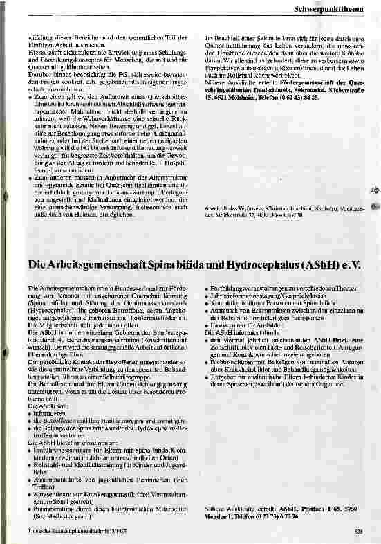 Vorschauseite 1: Fördergemeinschaften stellen sich vor Die Arbeitsgemeinschaft Spina bifida und Hydrocephalus (ASbH) e.V.