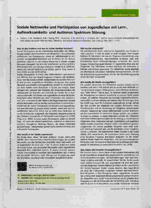 Vorschauseite 1: Soziale Netzwerke und Partizipation von Jugendlichen mit Lern-, Aufmerksamkeitsund Autismus Spektrum Störung