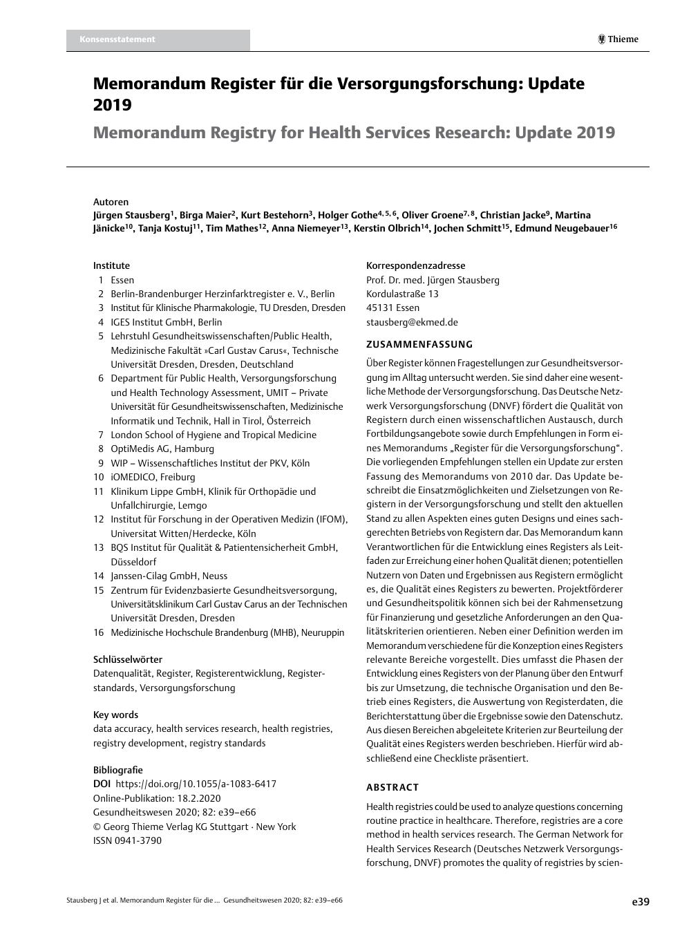 Vorschauseite 1: Memorandum Register für die Versorgungsforschung: Update 2019