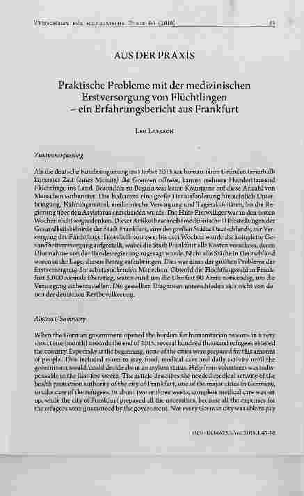 Vorschauseite 1: Praktische Probleme mit der medizinischen Erstversorgung von Flüchtlingenein Erfahrungsbericht aus Frankfurt
