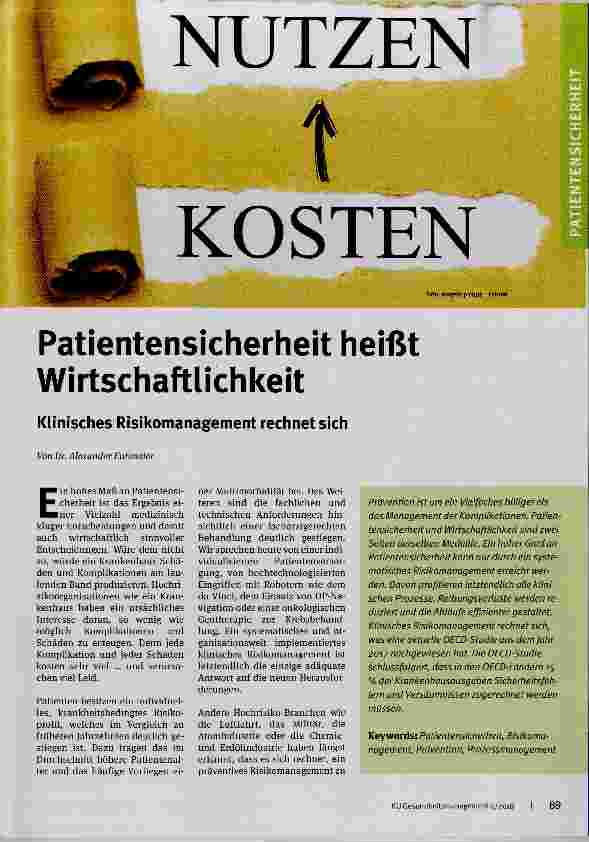 Vorschauseite 1: Patientensicherheit heißt Wirtschaftlichkeit