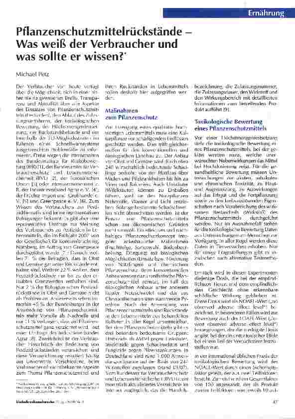 Vorschauseite 1: Pflanzenschutzmittelrückstände -Was weiß der Verbraucher und was sollte er wissen?