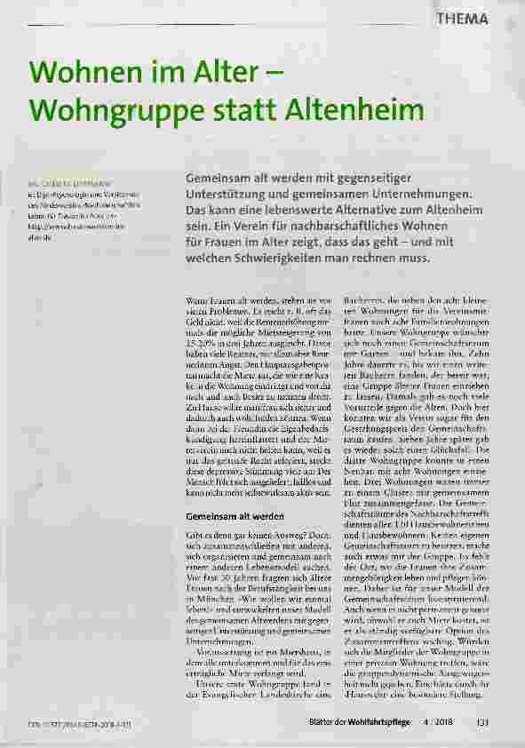 Vorschauseite 1: Wohnen im Alter- Wohngruppe statt Altenheim
