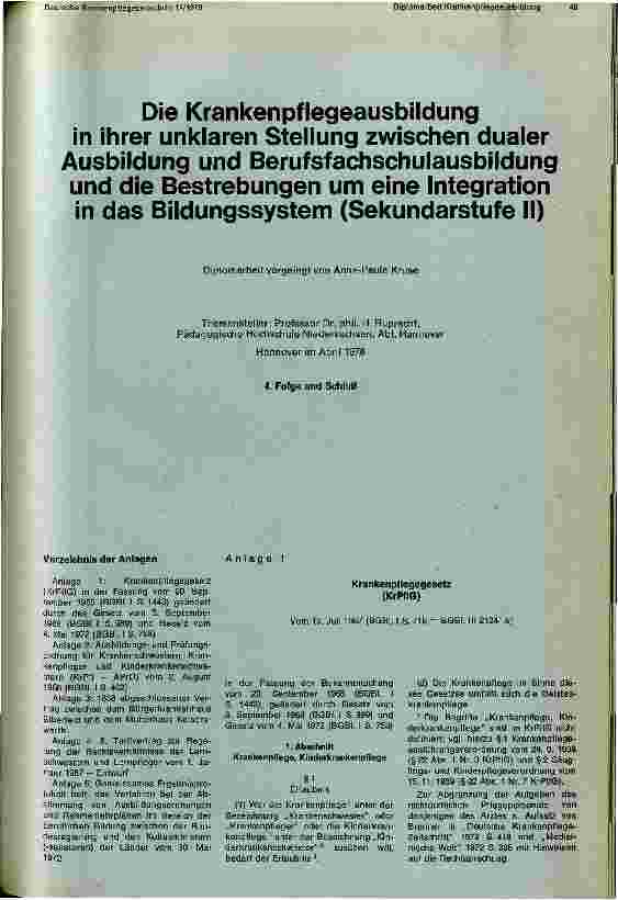 Vorschauseite 1: Die Krankenpflegeausbildung in ihrer unklaren Stellung zwischen dualer Ausbildung und Berufsfachschulausbildung und die Bestrebungen um eine Integrationin das Bildungssystem (Seku…