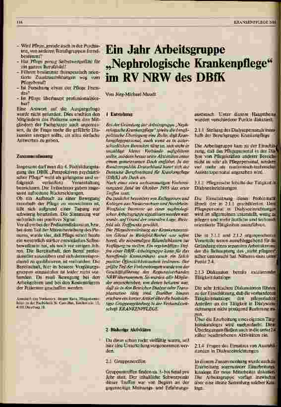 Vorschauseite 1: Ein Jahr Arbeitsgruppe Nephrologische Krankenpflege im RV NRW des DBFK