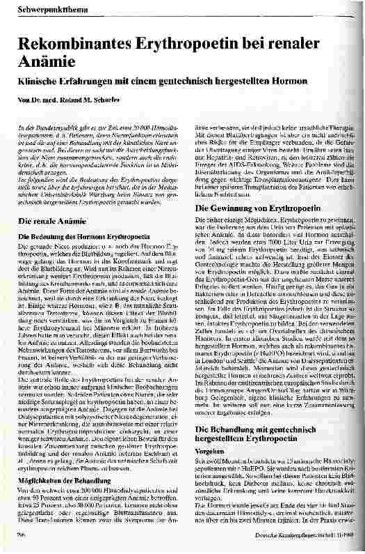 Vorschauseite 1: Rekombinantes Erythropoetion bei renaler Anämie Klinische Erfahrungen mit einem gentechnisch hergestellten Hormon