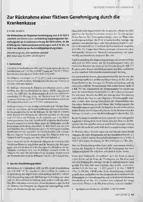 Vorschauseite 1: Zur Rücknahme einer fiktiven Genehmigung durch die Krankenkasse