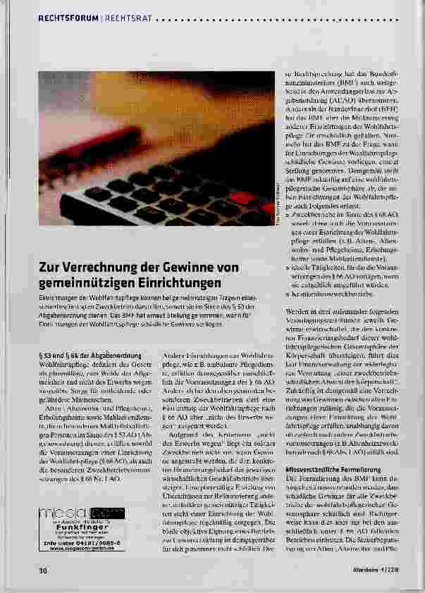 Vorschauseite 1: Zur Verrechnung der Gewinne von gemeinnützigen Einrichtungen