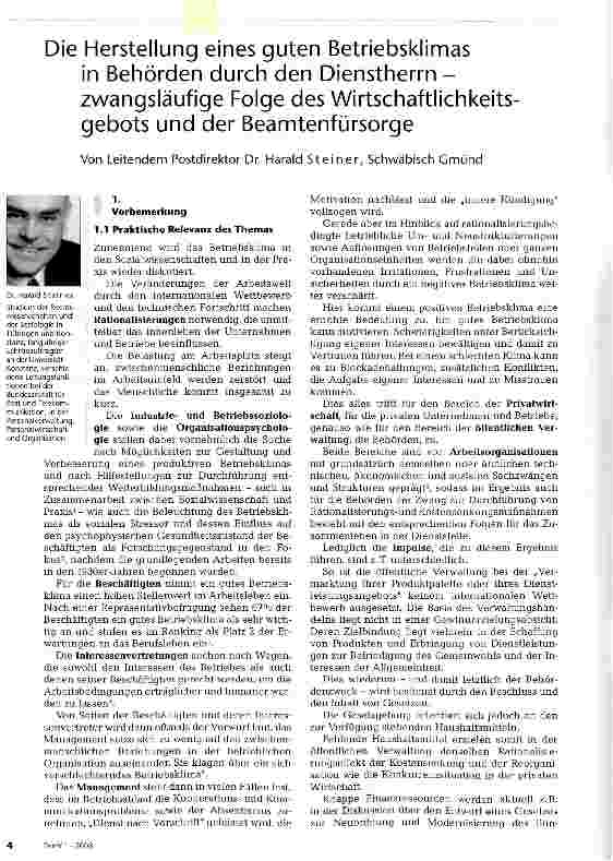 Vorschauseite 1: Die Herstellung eines guten Betriebsklimas in Behörden durch den Dienstherrn -zwangsläufige Folge des Wirtschaftlichkeitsgebots und der Beamtenfürsorge