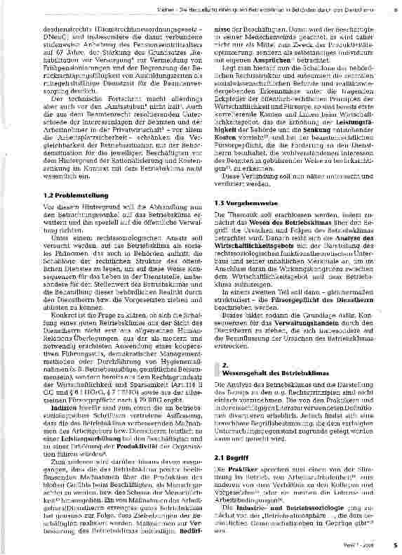 Vorschauseite 2: Die Herstellung eines guten Betriebsklimas in Behörden durch den Dienstherrn -zwangsläufige Folge des Wirtschaftlichkeitsgebots und der Beamtenfürsorge