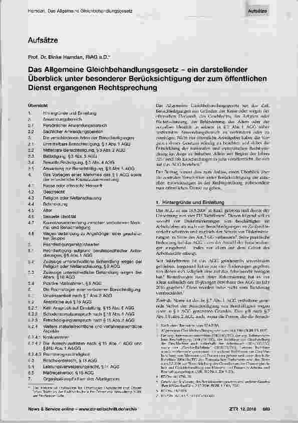 Vorschauseite 1: Das Allgemeine Gleichbehandlungsgesetz - ein darstellender Überblick unter besonderer Berücksichtigung der zum öffentlichen Dienst ergangenen Rechtsprechung